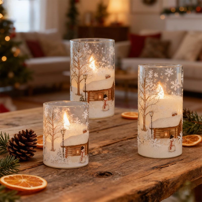 DRomance Snowman Glass Flameless Candles Battery Operated with Remote and Timer Real Wax LED Flickering Pillar Candles White Cold Light Window Christmas Holiday Decor D3 x 4",5",6" - Image 3